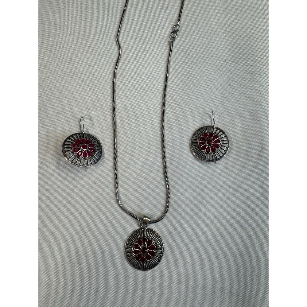 Oxidized Silver Tone Ruby Red Stone Medallion Pendant Necklace Earrings Set Boho